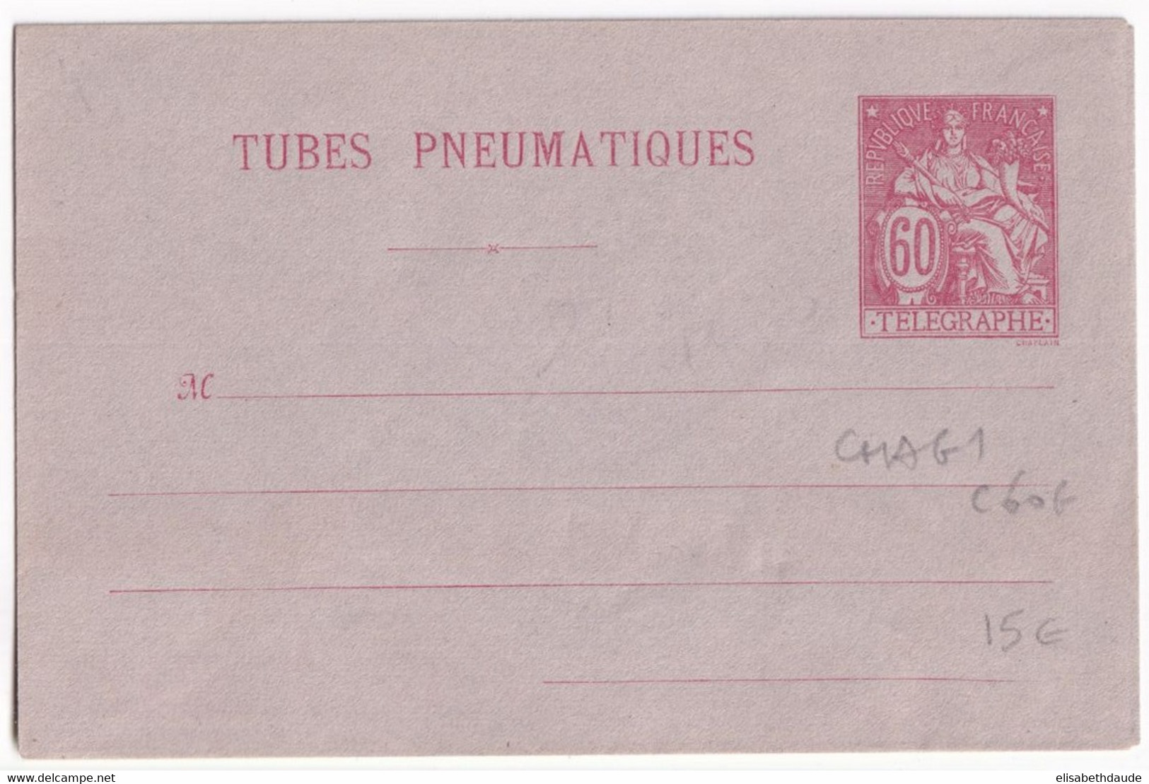 PNEUMATIQUE - 1889 - ENVELOPPE ENTIER POSTAL TYPE CHAPLAIN - STORCH G1 - NEUVE - COTE 2005 = 60 EUR. - Pneumatici