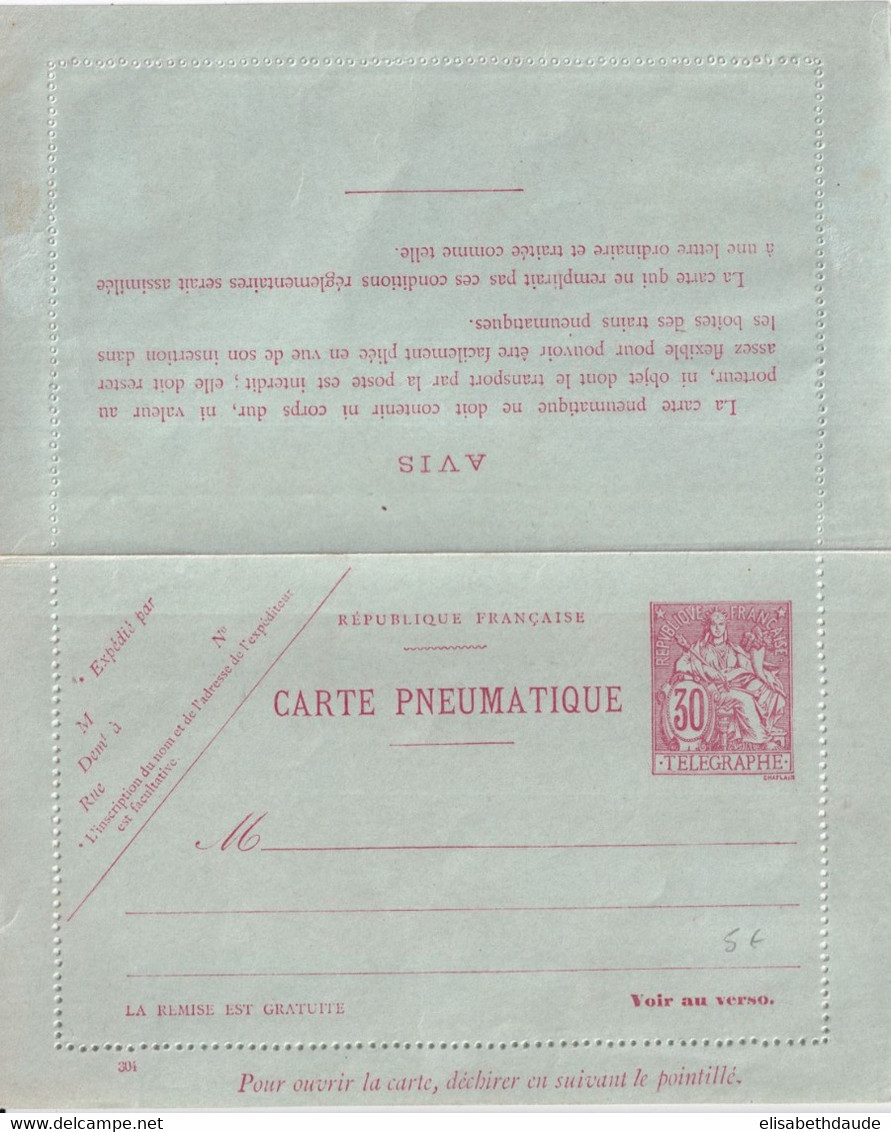 PNEUMATIQUE - 1902 - CARTE-LETTRE ENTIER POSTAL TYPE CHAPLAIN DATE 304 - STORCH A4 - NEUVE - Rohrpost