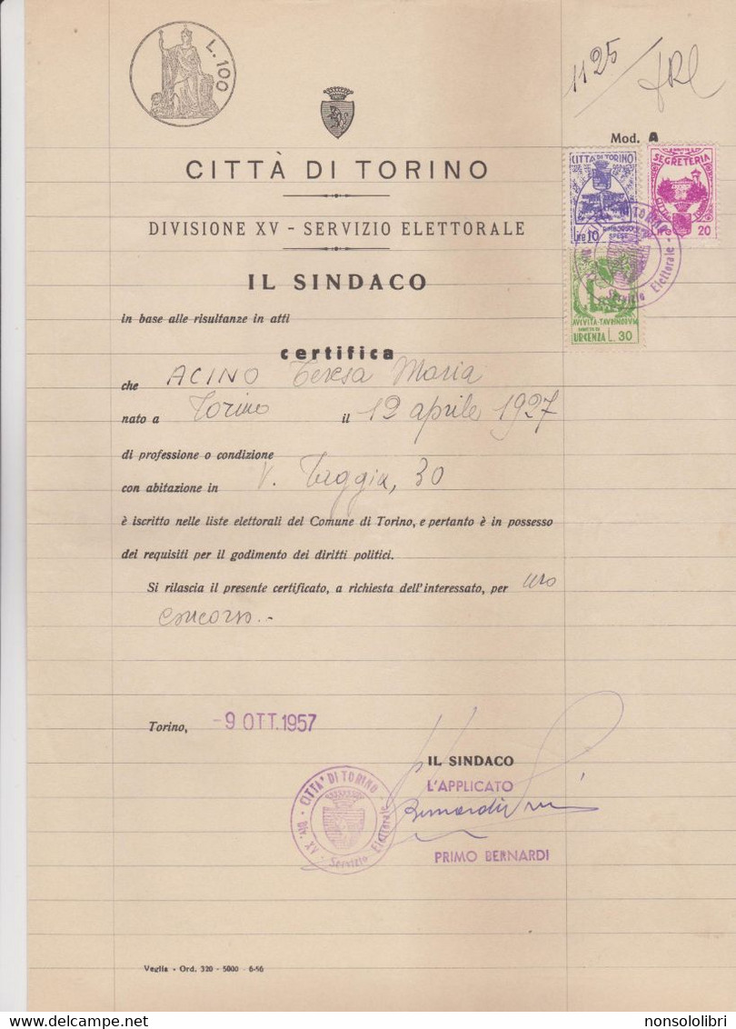 FOGLIO DI CARTA BOLLATA DOPPIA DA LIRE  100 .  CITTA  DI  TORINO  -  1957 - Fiscaux