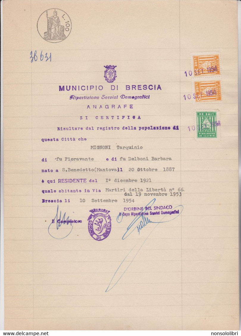 FOGLIO DI CARTA BOLLATA DOPPIA DA LIRE  100 .   MUNICIPIO  DI  BRESCIA.  1954 - Fiscale Zegels