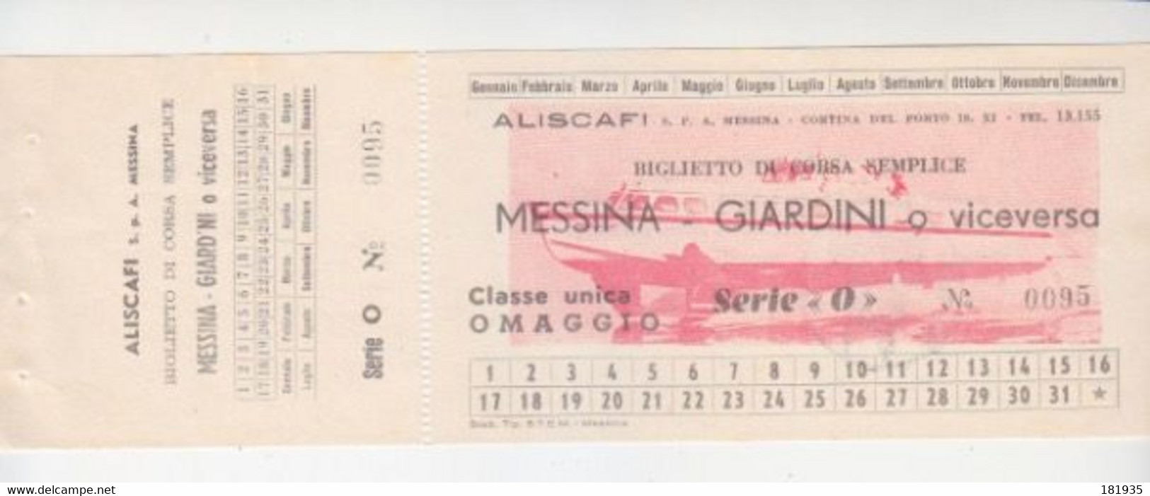 Aliscafo -Biglietto "Messina-Giardini E Viceversa-Italy Italia - Non Classés