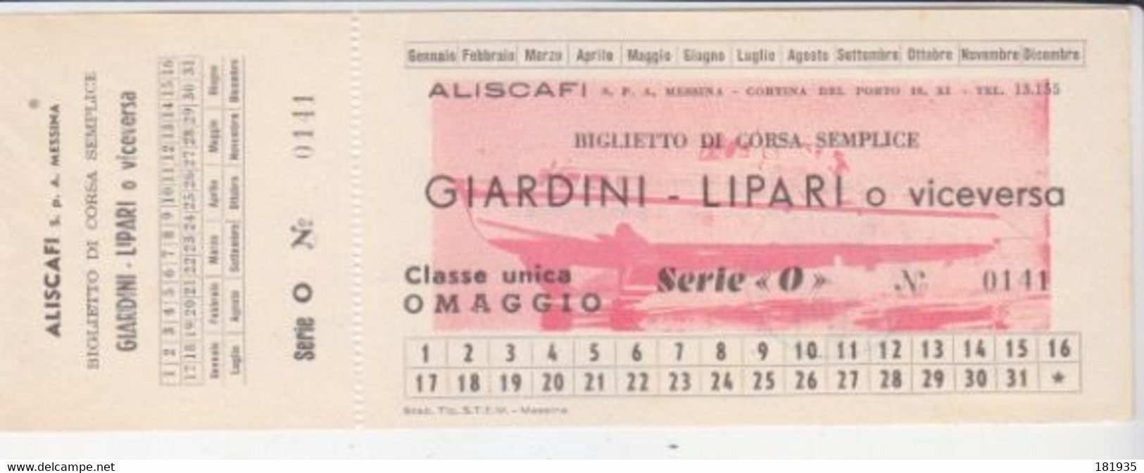 Aliscafo -Biglietto "Giardini-Lipari' O Viceversa-Italy Italia - Non Classés