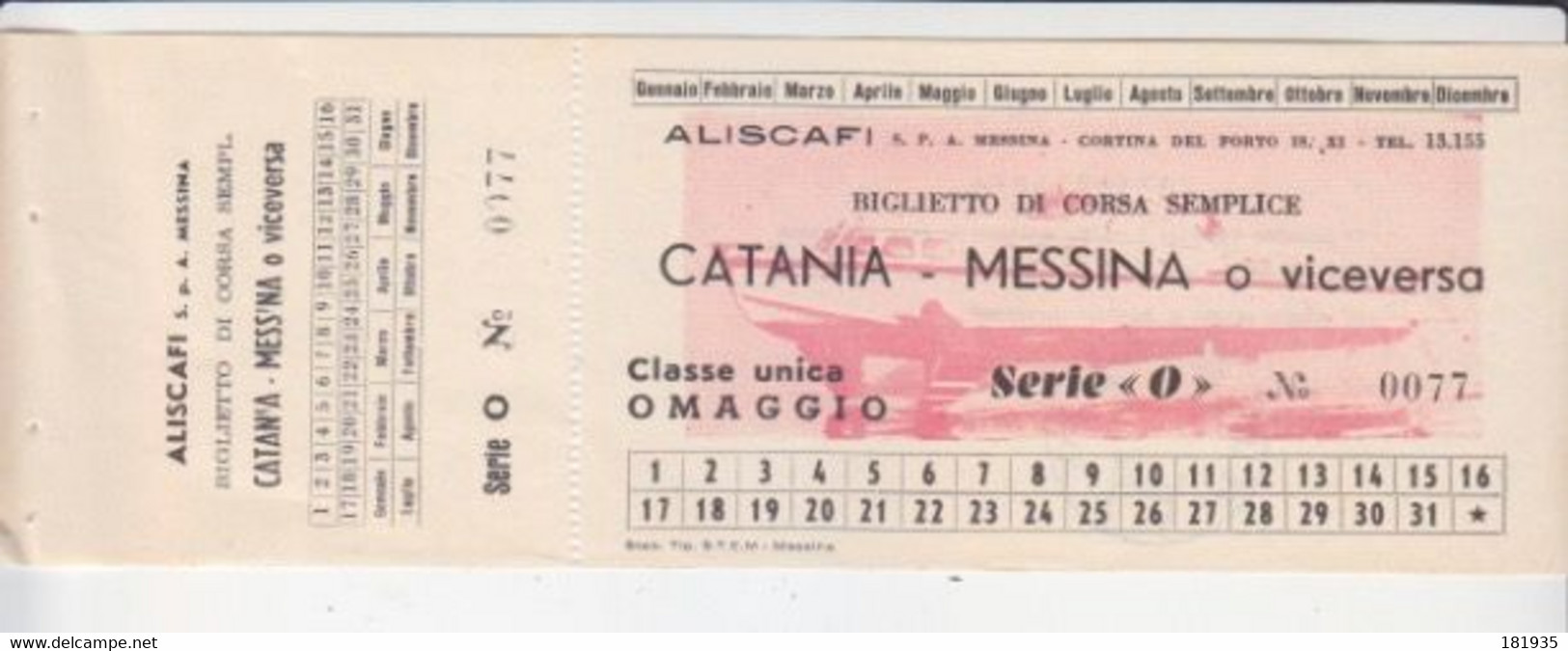 Aliscafo -Biglietto "Catania -Messina' O Viceversa-Italy Italia - Zonder Classificatie