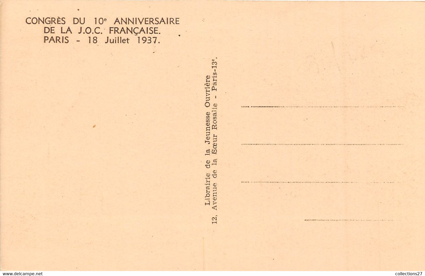 92-CLICHY- 9 CARTES DE LA J.O.C FRANCAISE , CONGRES DU 10eme ANNIVERSAIRE 18 JUILLET 1937