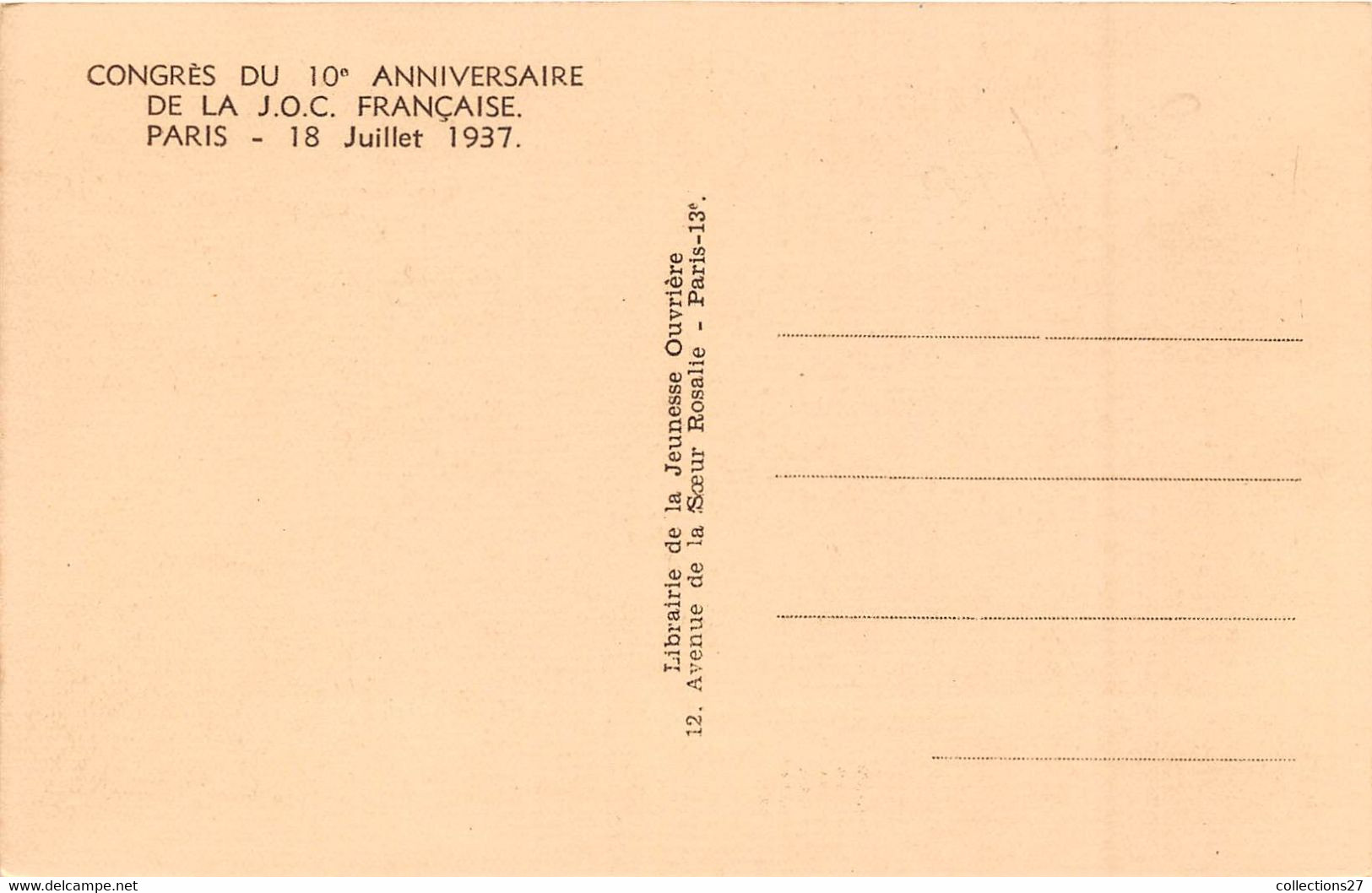 92-CLICHY- 9 CARTES DE LA J.O.C FRANCAISE , CONGRES DU 10eme ANNIVERSAIRE 18 JUILLET 1937