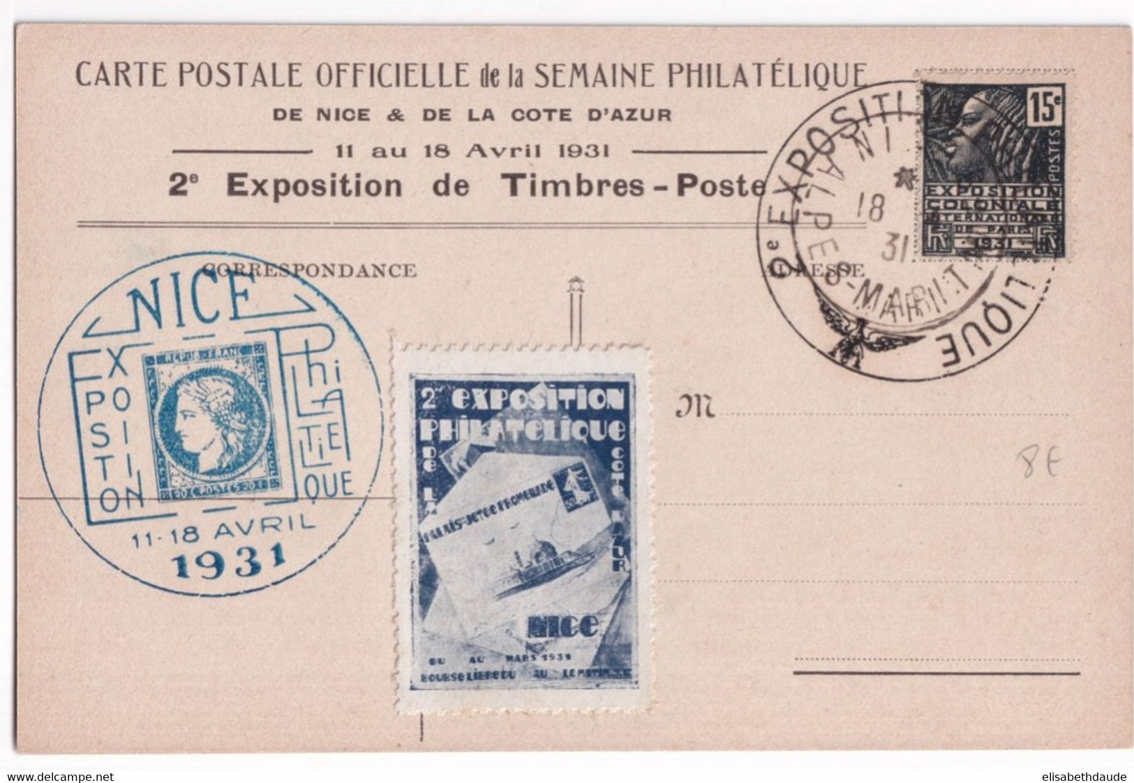 1931 - VIGNETTE EXPOSITION De NICE (ALPES MARITIMES) Sur CARTE OFFICIELLE ILLUSTREE (VOIE DOS) - Briefmarkenmessen