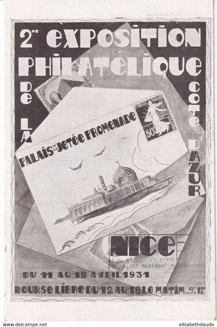 1931 - VIGNETTE EXPOSITION De NICE (ALPES MARITIMES) Sur CARTE OFFICIELLE ILLUSTREE (VOIE DOS) - Filatelistische Tentoonstellingen