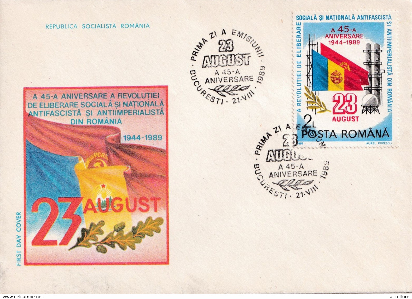 A2856 - 45 Ani Aniversare Revolutia Eliberare Antifascista, Ceausescu, PCR, Bucuresti 1989, RPR First Day Cover - FDC