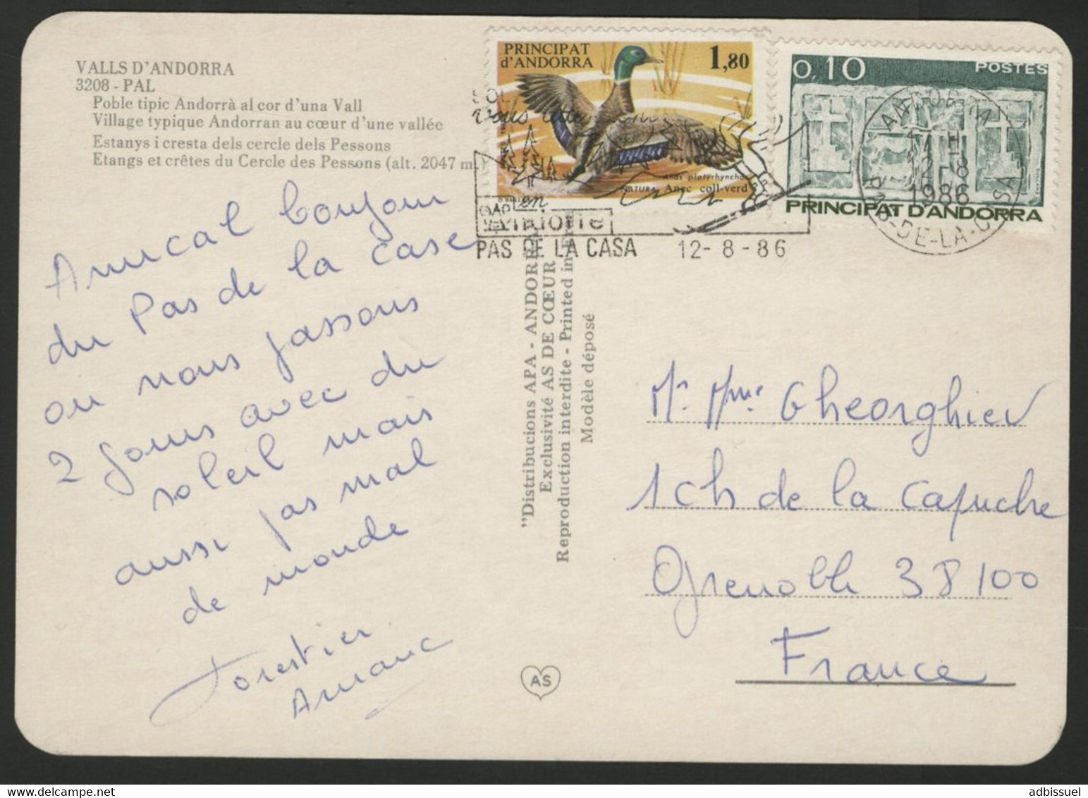 N° 317 + 342 Oblitérés Mécaniquement "ANDORRA PAS DE LA CASA 12/8/86 Sur CP Pour La France. TB - Covers & Documents