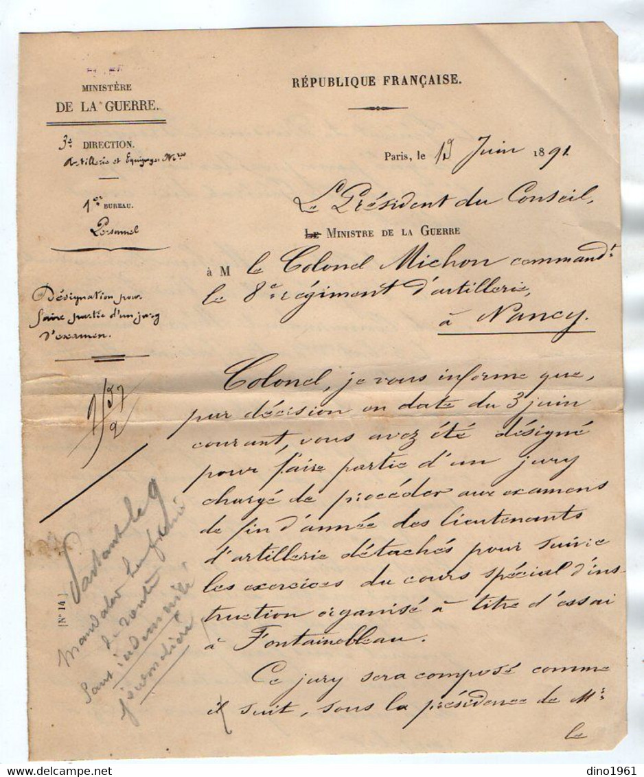 VP18.044 - PARIS 1891 - Lettre Du Ministère De La Guerre à Mr Le Colonel MICHON à NANCY Puis à FONTAINEBLEAU - Documenti