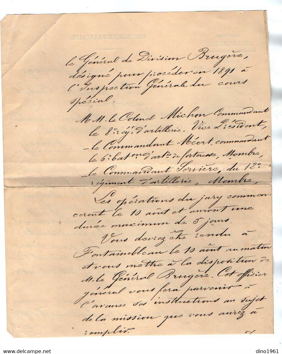 VP18.044 - PARIS 1891 - Lettre Du Ministère De La Guerre à Mr Le Colonel MICHON à NANCY Puis à FONTAINEBLEAU - Documents