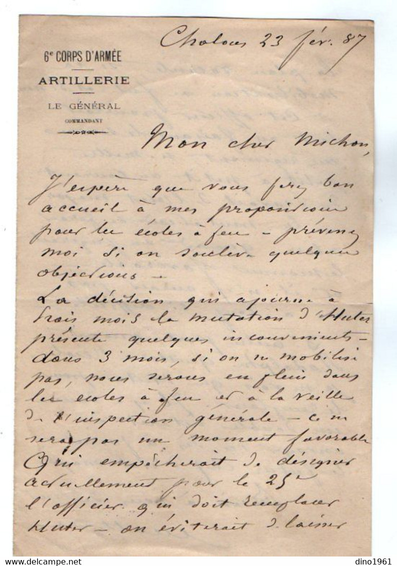 VP18.046 - 1887 - Lettre De Mr Le Général Du 6 ème Corps D'Armée à CHALONS Pour Mr Le Colonel MICHON à NANCY - Dokumente