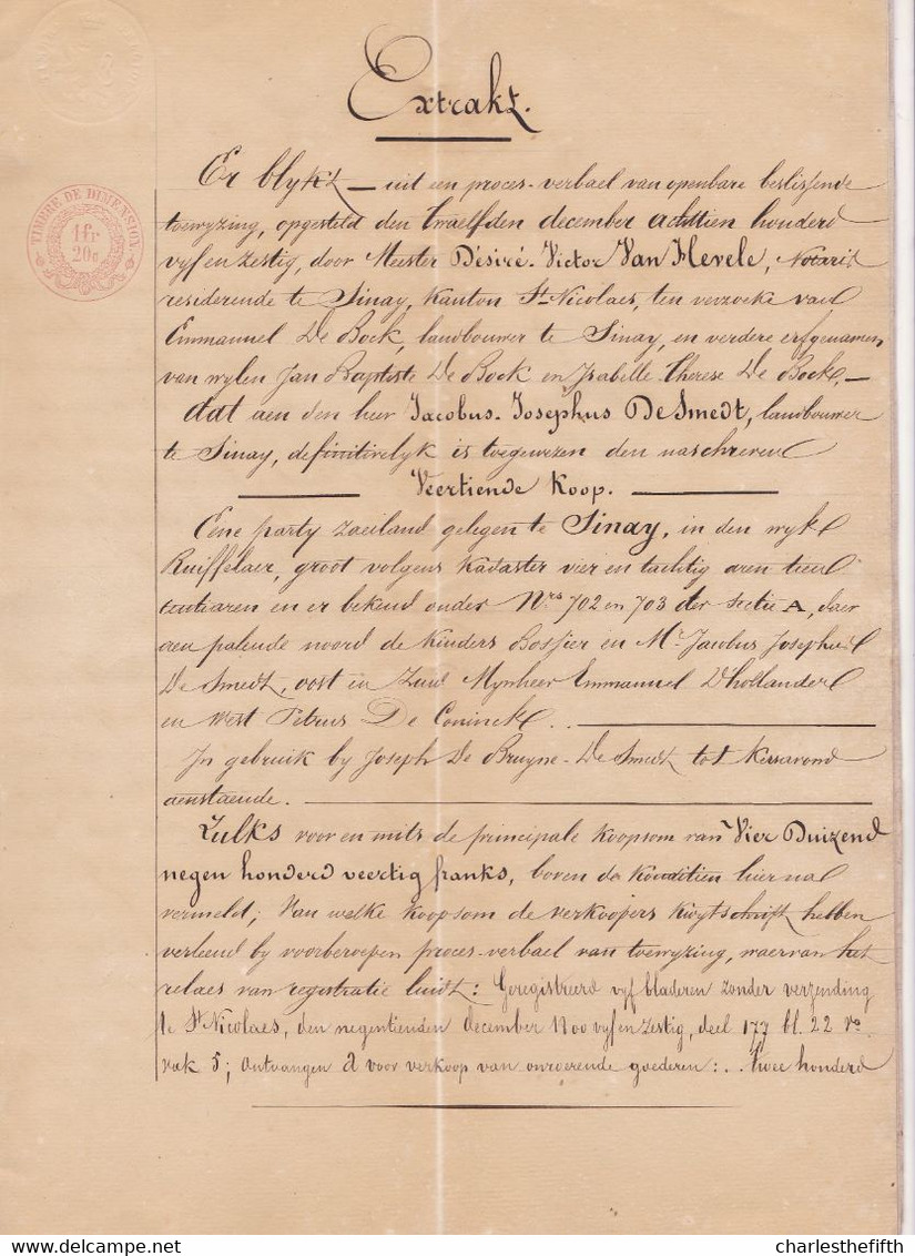 AKTE VERKOOP 1865 - SINAY ( Sint Niklaas ) - DE BOCK Aan JACOBUS DESMEDT - WIJK RUIFELAER - NOTARIS VANHEVELE - Documents Historiques