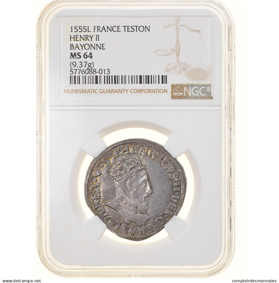 Monnaie, France, Henri II, Teston, 1555, Bayonne, NGC, MS64, SPL+, Argent - 1547-1559 Heinrich II.