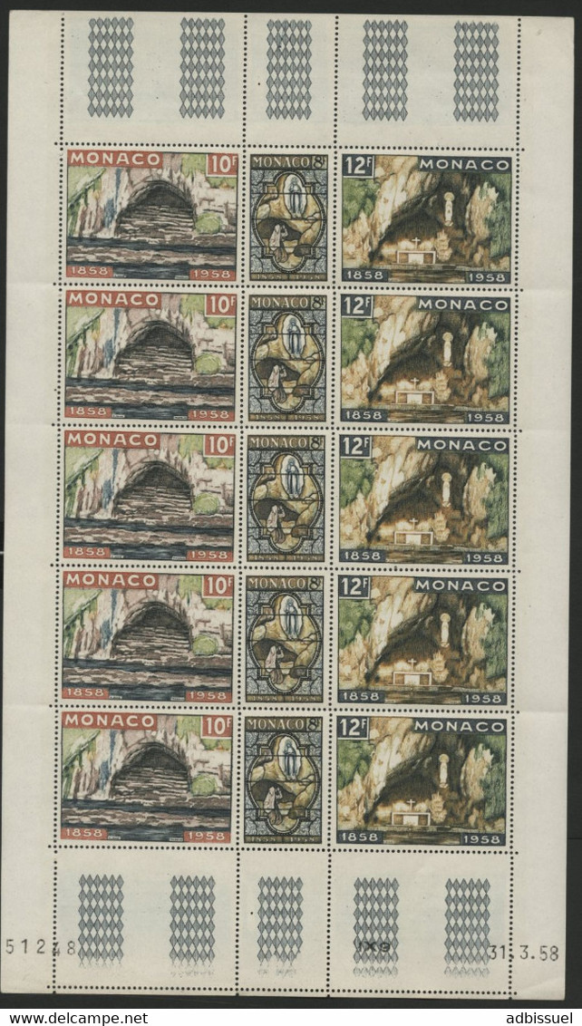 MONACO N° 496 à 498 Feuile Complète NEUVE ** (MNH) De 5 TRIPTYQUES DE LOUURDES Avec La GROTTE MORDOREE. Voir Description - Errors And Oddities