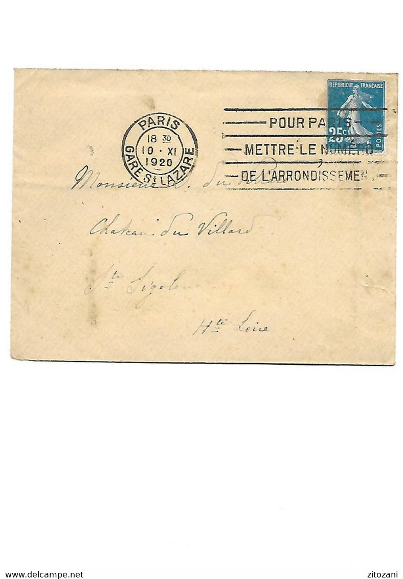 B98 Enveloppe PARIS GARE ST LAZARE 10-11-1920 Pour Chateau Du Villars SAINTE SEGOLENE Haute Loire Semeuse Fond Plein - 1877-1920: Semi Modern Period