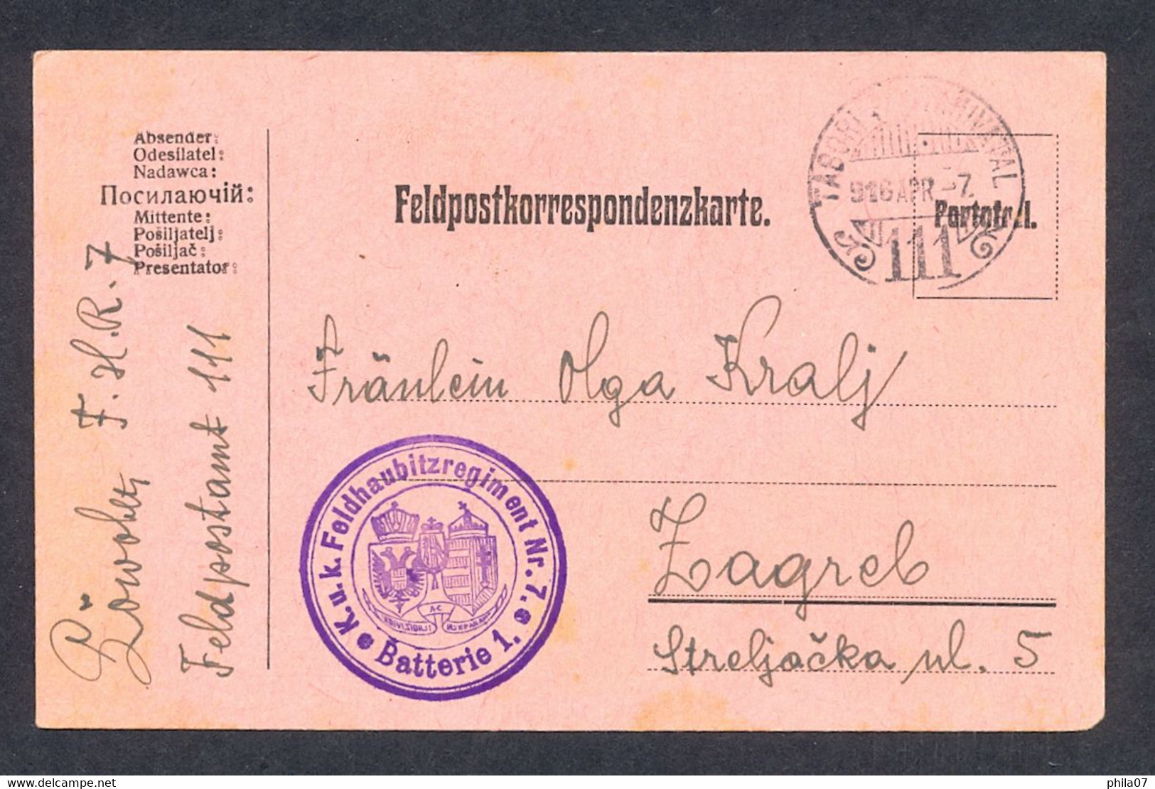 Austria WWI - Military Mail Card With Cancel K.u.K. Feldhaubitzregiment Nr. 7. - Autres & Non Classés
