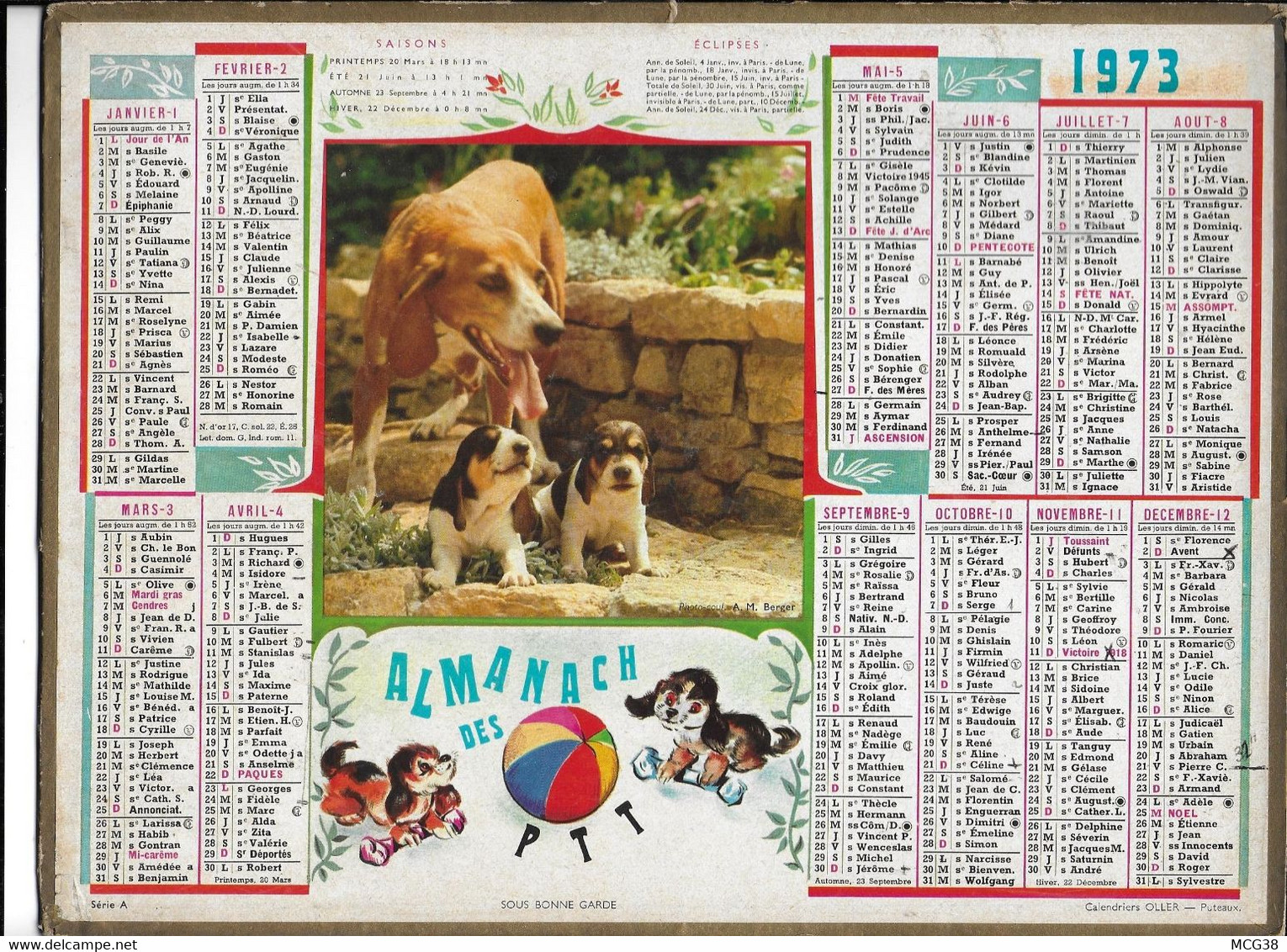 ALMANACH  PTT  1973  -  CHIENS  ,  Au  Dos  CARTE  GEOGRAPHIQUE  De  L ' EUROPE - Formato Grande : 1961-70