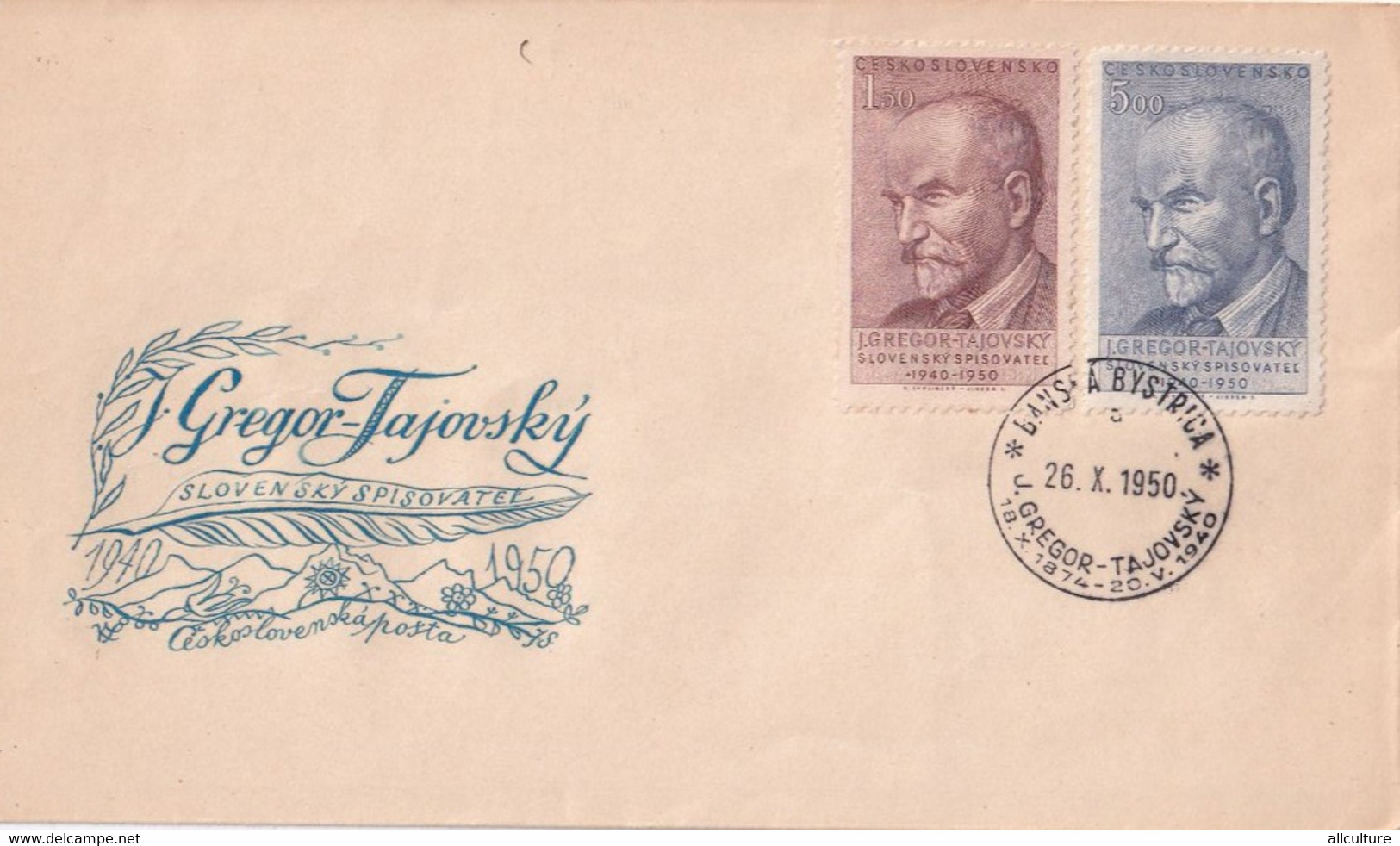 A2955 -  Ceskoslovenska Statni Posta,Gregor Tajovsky, Slovenian Writer, Bans A Bystrica 1950 Czech Republic - Storia Postale