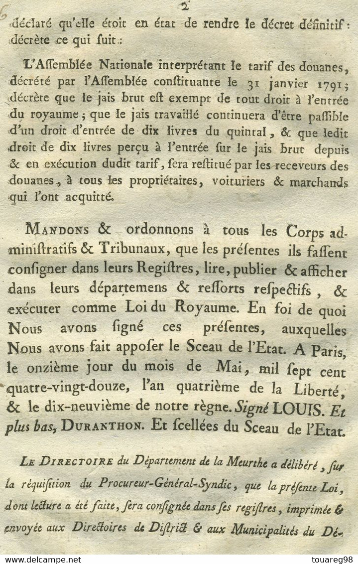 Loi Relative Au Jais Brut & Au Jais Travaillé. Département De La Meurthe. 1792. - Decrees & Laws