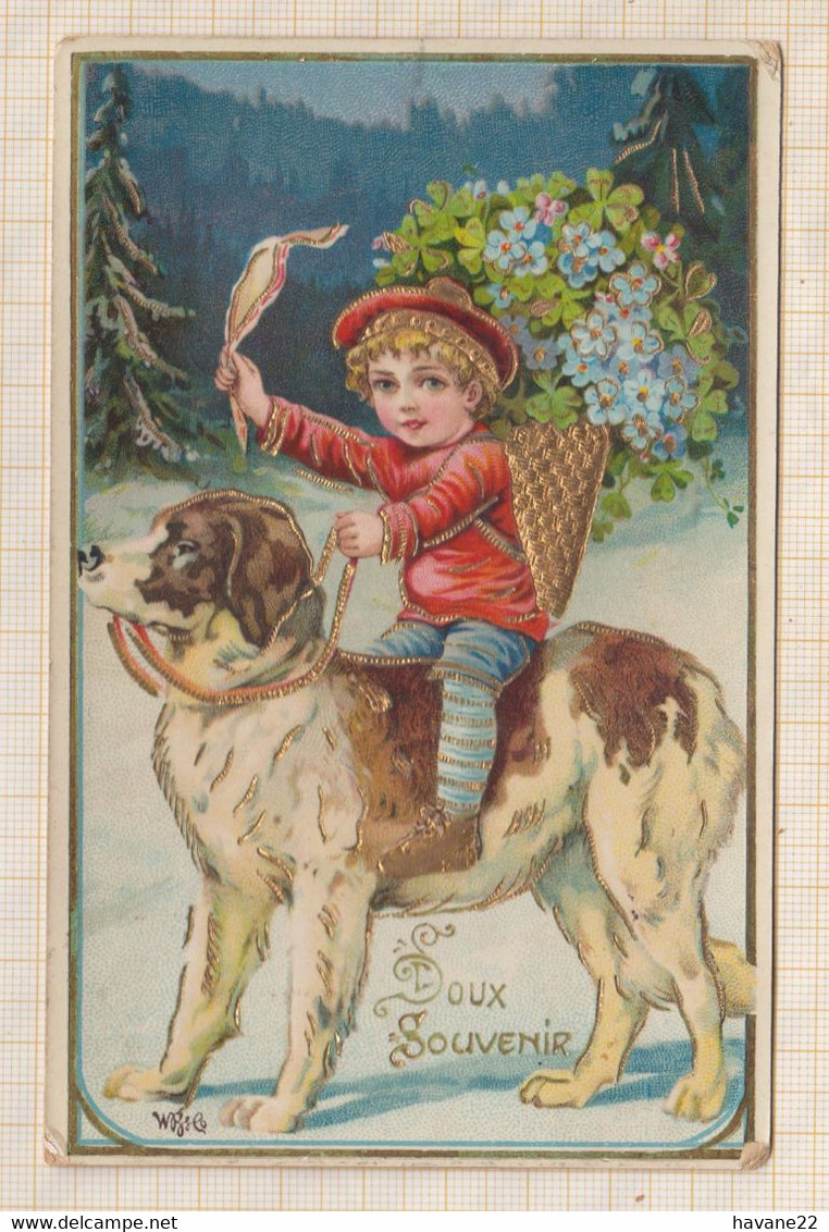 21B909 Enfant Tenant  Assis Sur Gros Chien Avec Myosotis Dans La Neige ILLUSTRATEUR - Sonstige & Ohne Zuordnung