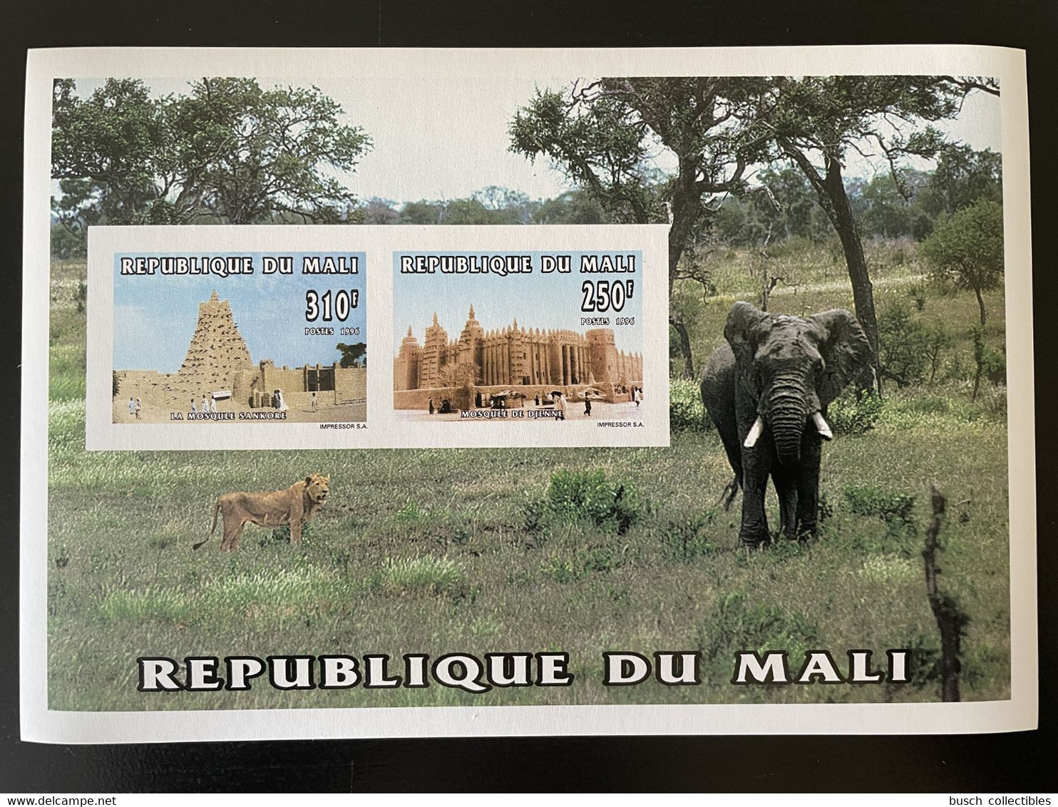 Mali 1996 Mi. Bl. 82 ND IMPERF Mosquée Moschee Mosque Religion Sankoré Djenné Elephant Elefant Lion Löwe Faune Fauna - Big Cats (cats Of Prey)