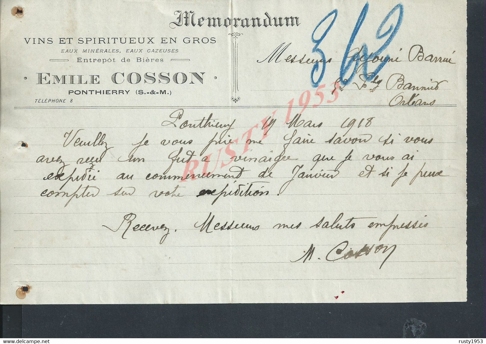 LETTRE COMMERCIALE DE 1918 EMILE COSSON VINS À PONTHIERRY : - Levensmiddelen