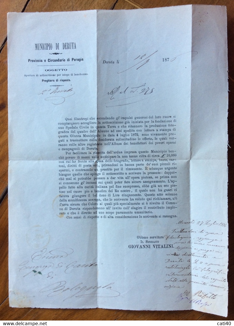 MUNICIPIO DI DERUTA 12/7/1876 : SOTTOSCRIZIONE A SCOPO DI BENEFICENZA Con Nota Scritta E Firmata Dal PREFETTO - Other & Unclassified