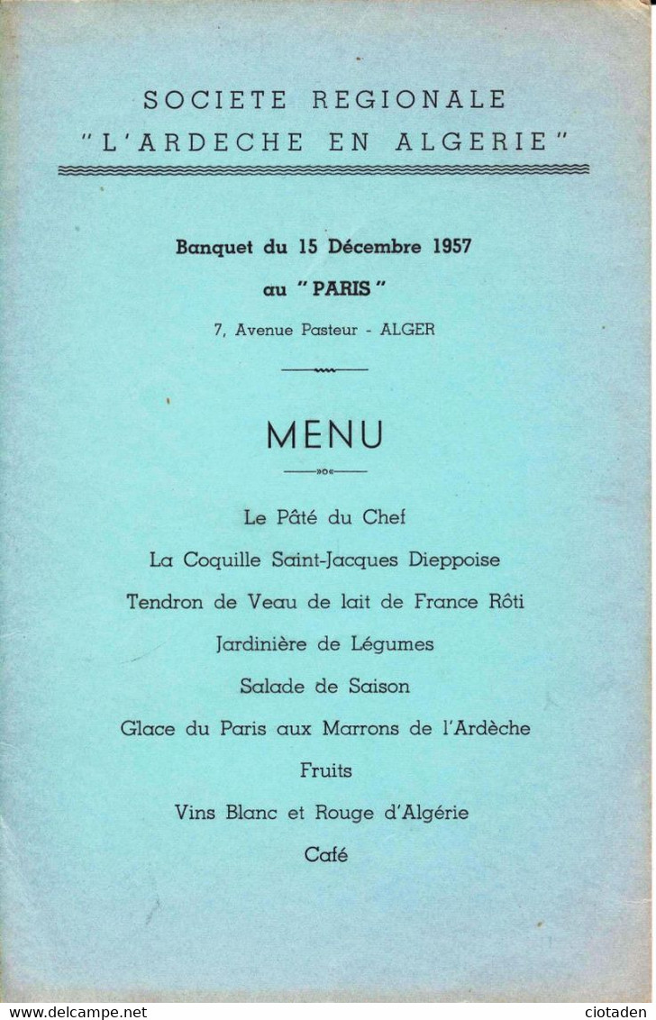 Menu Offert Parla Sté Régionale "L'Ardèche En Algérie" En 1957 - Menus