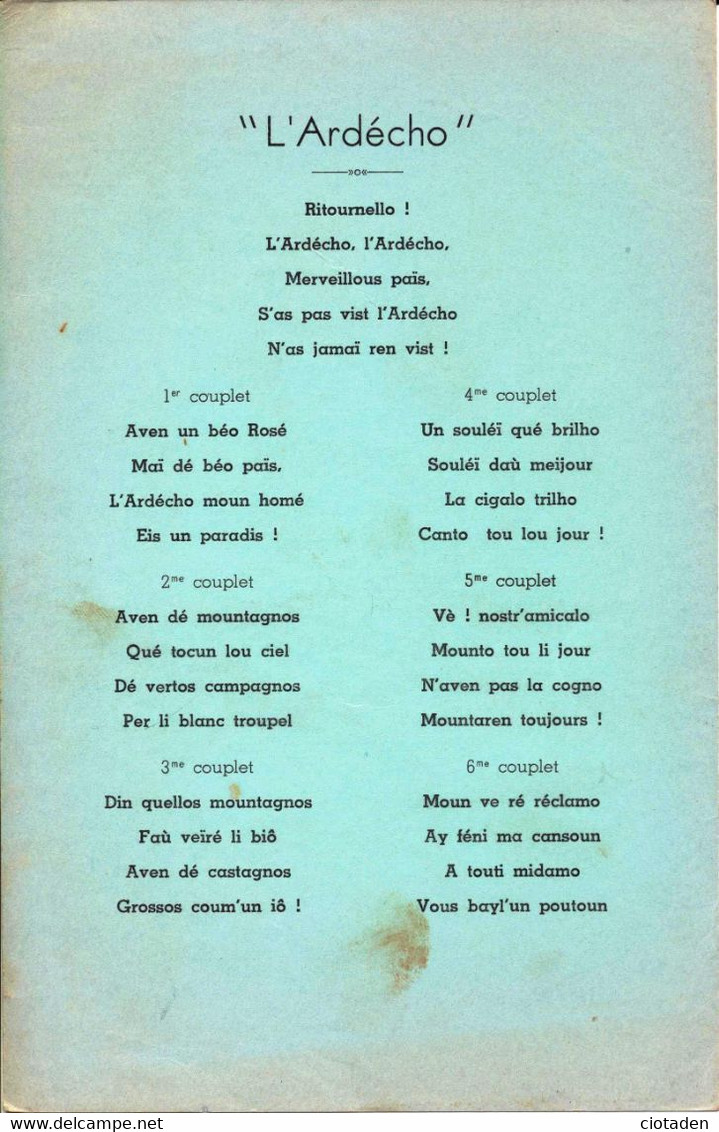 Menu Offert Parla Sté Régionale "L'Ardèche En Algérie" En 1957 - Menus