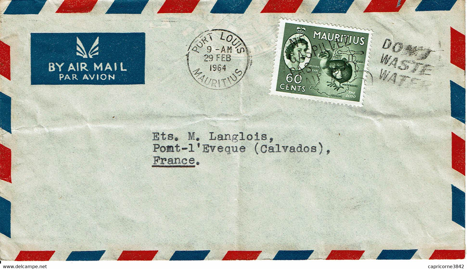 1964 - Maurice - Port Louis Pour La France - Oblit "NE GASPILLEZ PAS L'EAU-DON'T WASTE WATER" - Oiseau DODO N° 251 - Mauritius (...-1967)