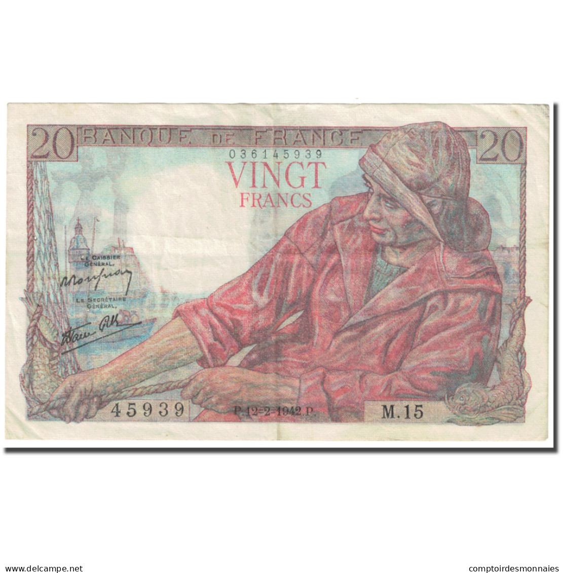 France, 20 Francs, Pêcheur, 1942, 1942-02-12, TTB, Fayette:13.1, KM:100a - 20 F 1942-1950 ''Pêcheur''