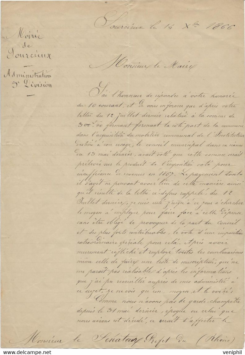 LETTRE DU MAIRE DE SOURCIEUX -RHONE -AU SENATEUR PREFET POUR DEMANDER UN AJUSTEMENT DE TRANSFERT DE BUDGET -ANNEE 1866 - Decreti & Leggi