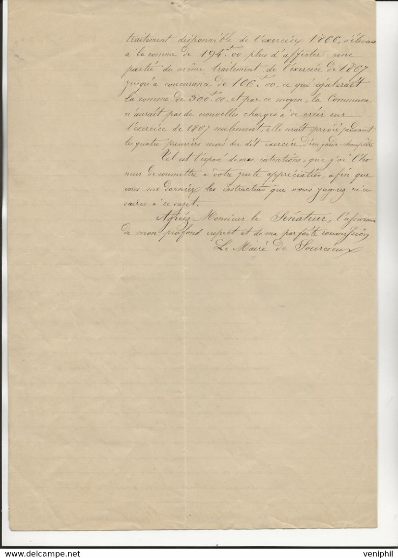 LETTRE DU MAIRE DE SOURCIEUX -RHONE -AU SENATEUR PREFET POUR DEMANDER UN AJUSTEMENT DE TRANSFERT DE BUDGET -ANNEE 1866 - Decreti & Leggi