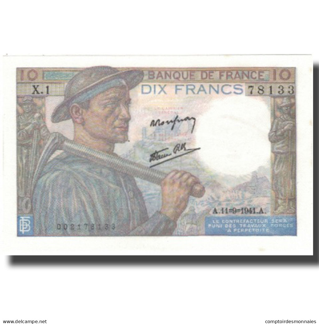 France, 10 Francs, Mineur, 1941, 1941-09-11, SPL+, Fayette:8.1, KM:99b - 10 F 1941-1949 ''Mineur''