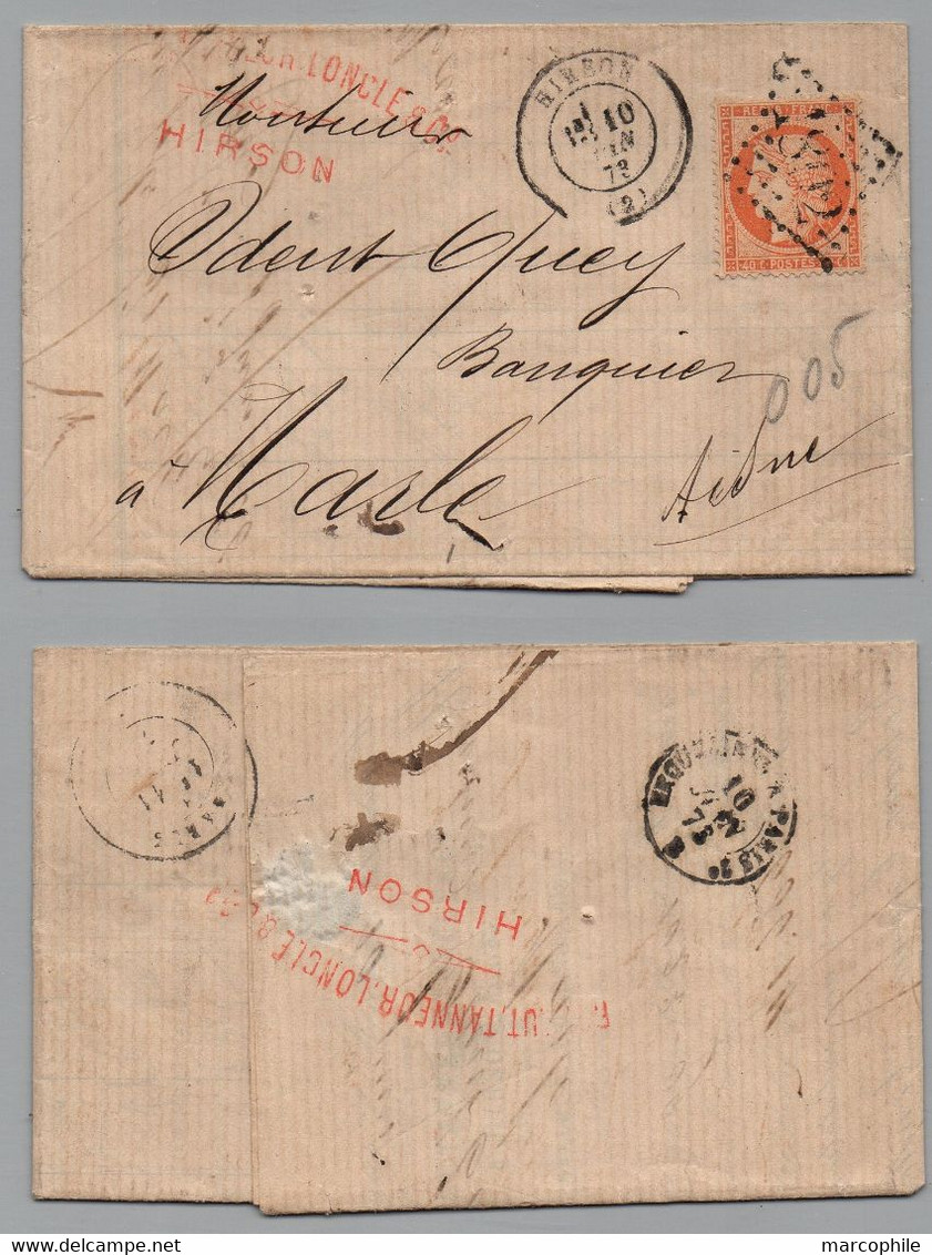 HIRSON - AISNE /1873 - GC 1802 SUR 40 C. SIEGE SUR LETTRE POUR MARLE (ref 8208a) - 1870 Siege Of Paris