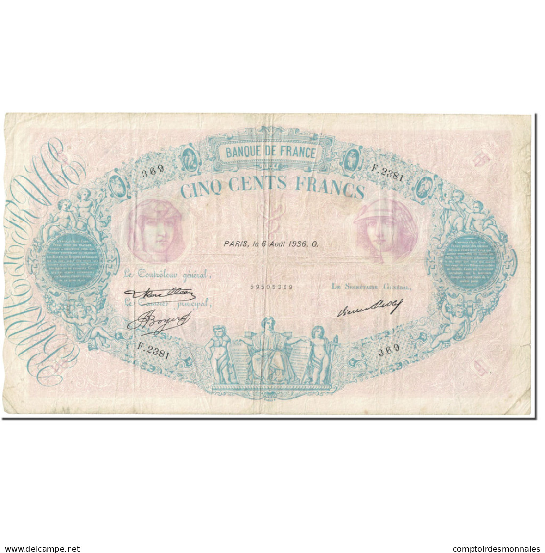 France, 500 Francs, Bleu Et Rose, 1936, 1936-08-06, TB, Fayette:30.37, KM:66m - 500 F 1888-1940 ''Bleu Et Rose''