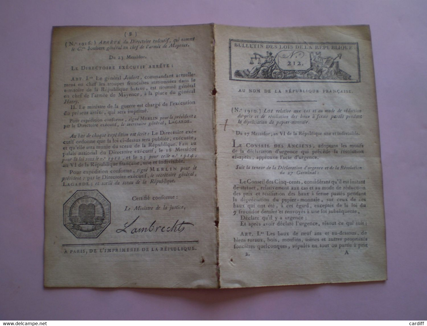 An VI:Résiliation Baux à Ferme & Dépréciation Du Papier Monnaie; Délivrance Lettres De Crédit. Nomination Hatry; Joubert - Décrets & Lois