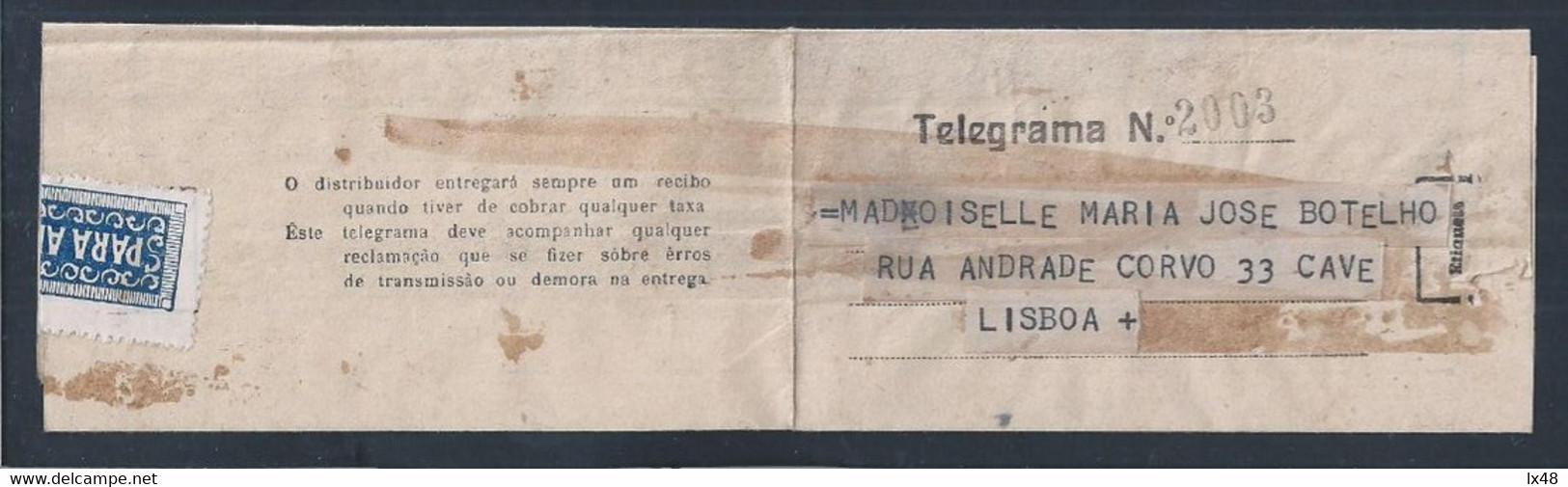 Telegrama Com Marca De 'Porto 1' E Obliteração Telégrafos, Lisboa Em 1948. Telegram With 'Porto 1' Mark And Telegraphs - Brieven En Documenten