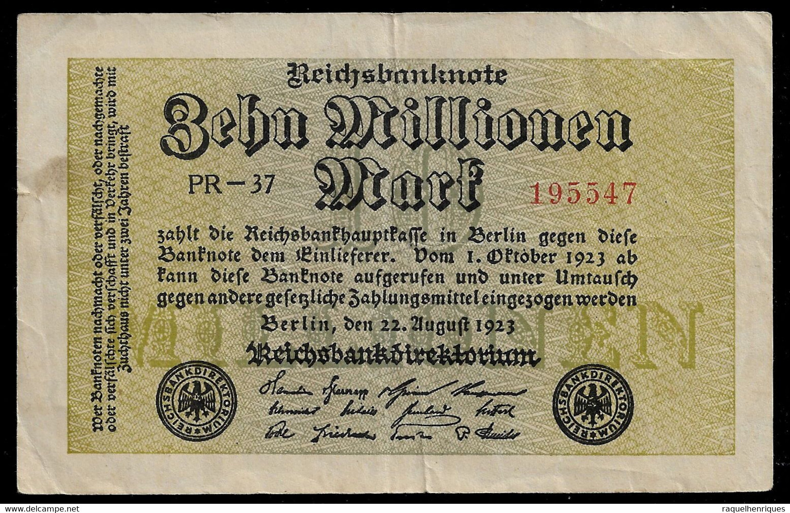 GERMANY BANKNOTE 10 Millionen Mark 1923 UNIFACE P#106 VF (NT#05) - Andere & Zonder Classificatie
