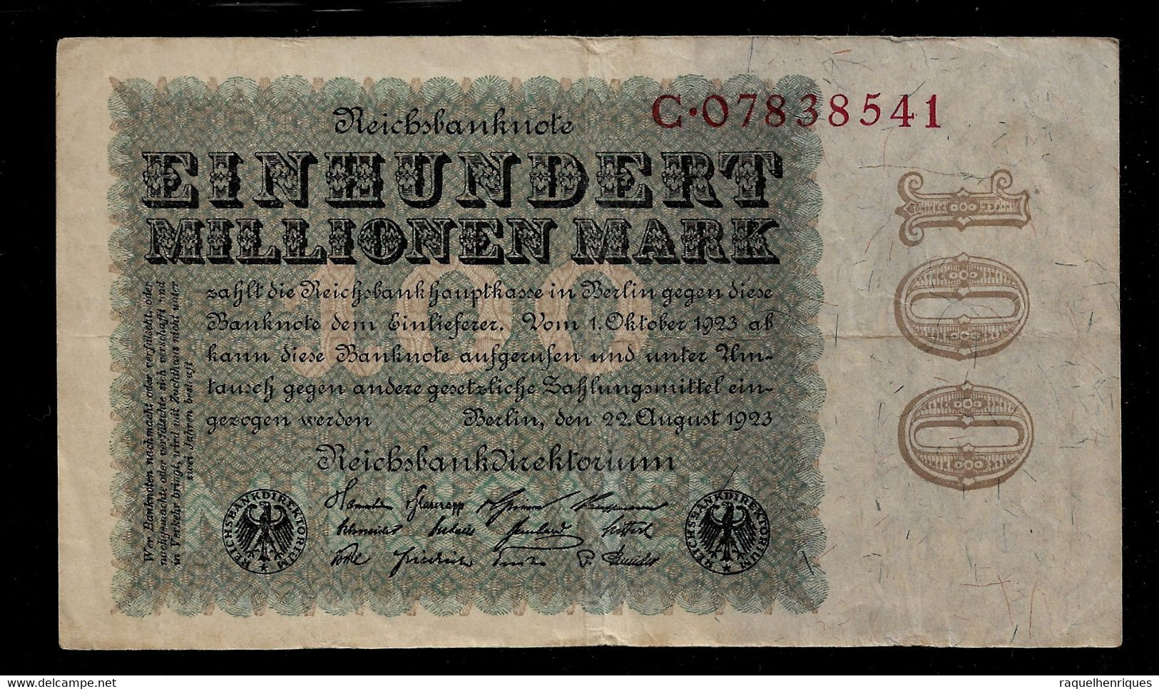 GERMANY BANKNOTE 100 Millionen Mark 1923 UNIFACE P#107 VF (NT#05) - Otros & Sin Clasificación