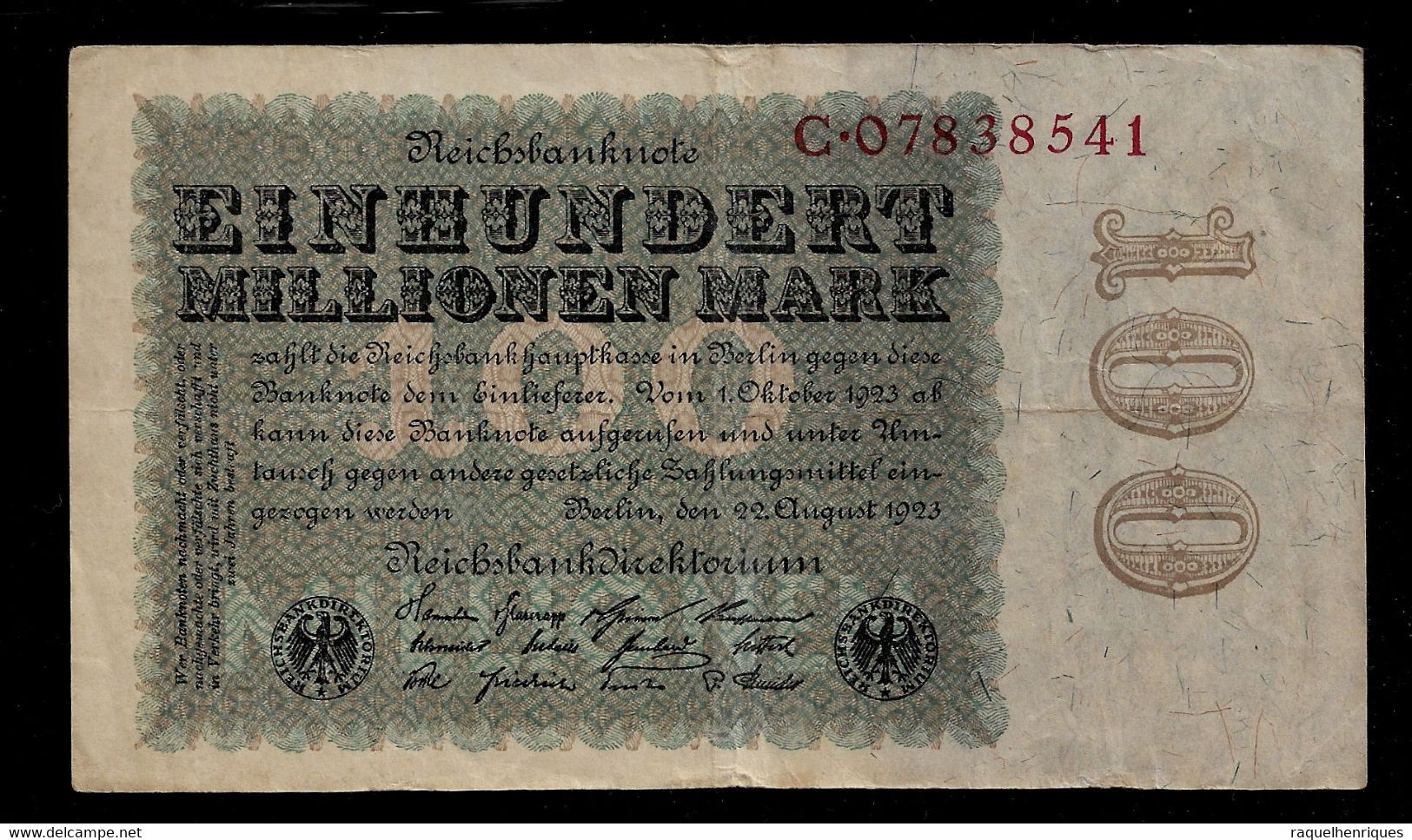 GERMANY BANKNOTE 100 Millionen Mark 1923 UNIFACE P#107 VF (NT#05) - Other & Unclassified