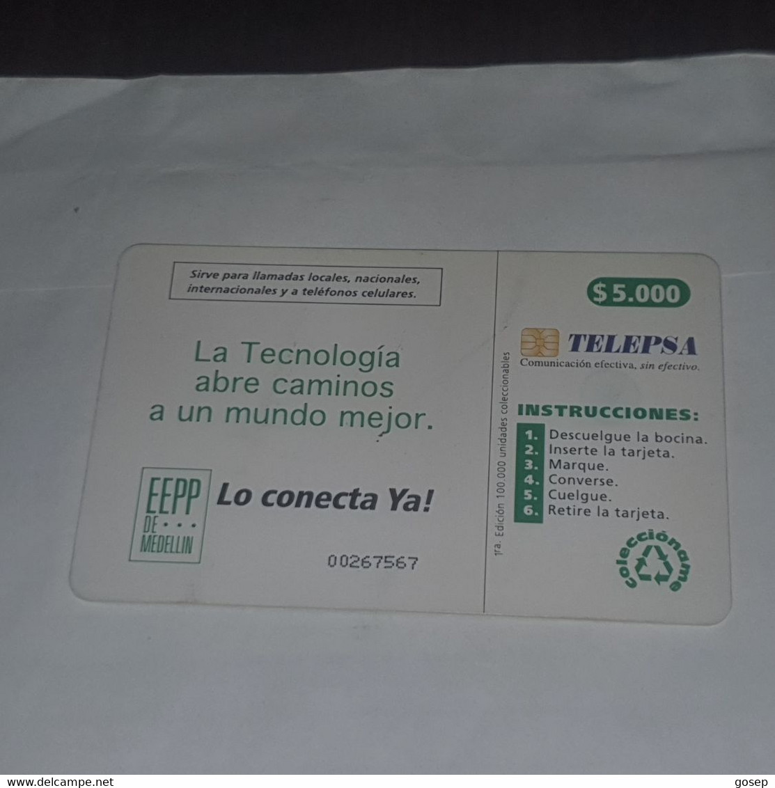 Colombia-(CO-TE-020)-inserte En Este Sentido-(36)-($5.000)-(00267567)-used Card+1card Prepiad Free - Colombie