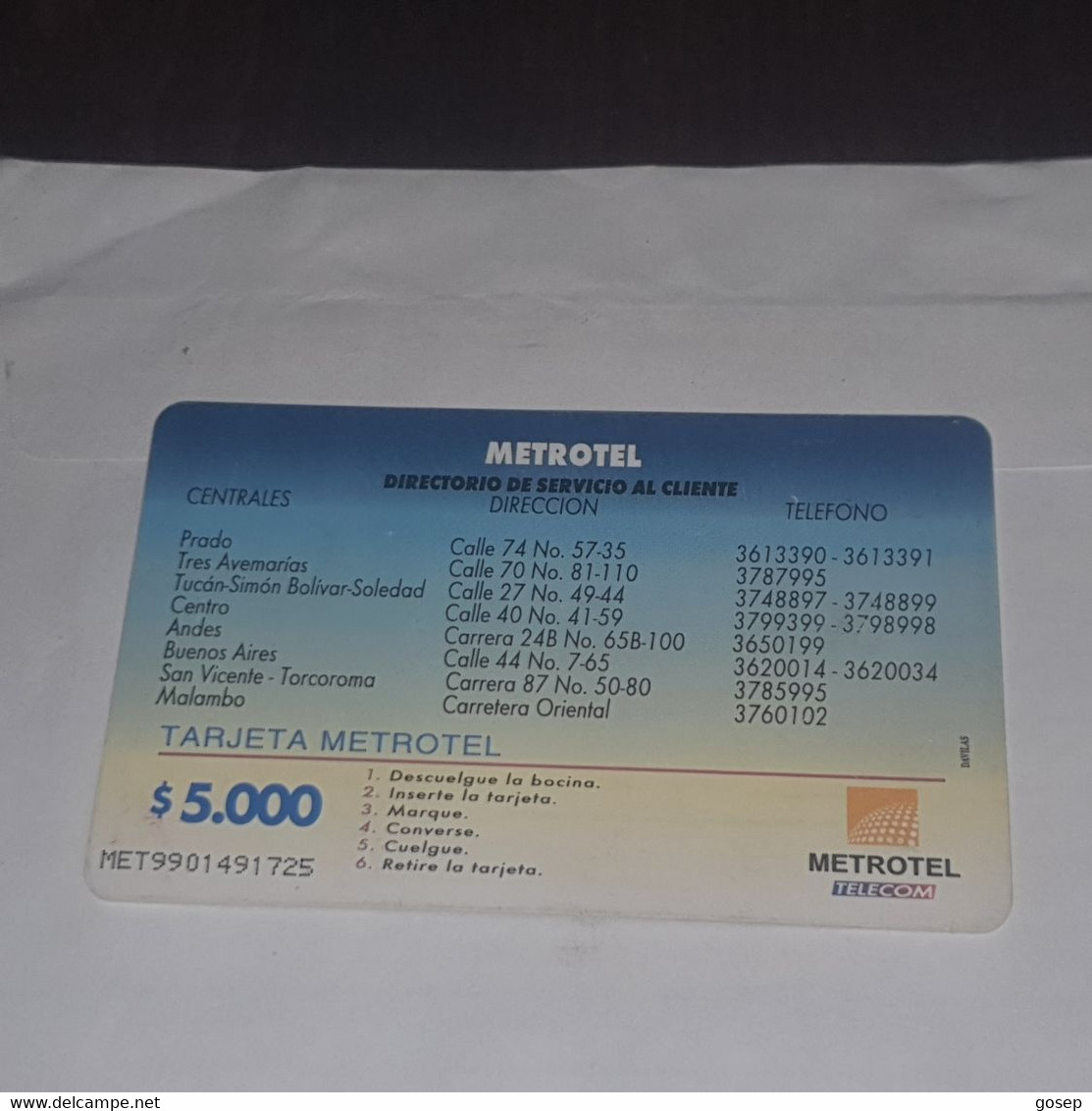 Colombia-(CO-ME-008A)-metrotel Sede Principal-(39)-($5.000)-(MET9901491725)-used Card+1card Prepiad Free - Kolumbien