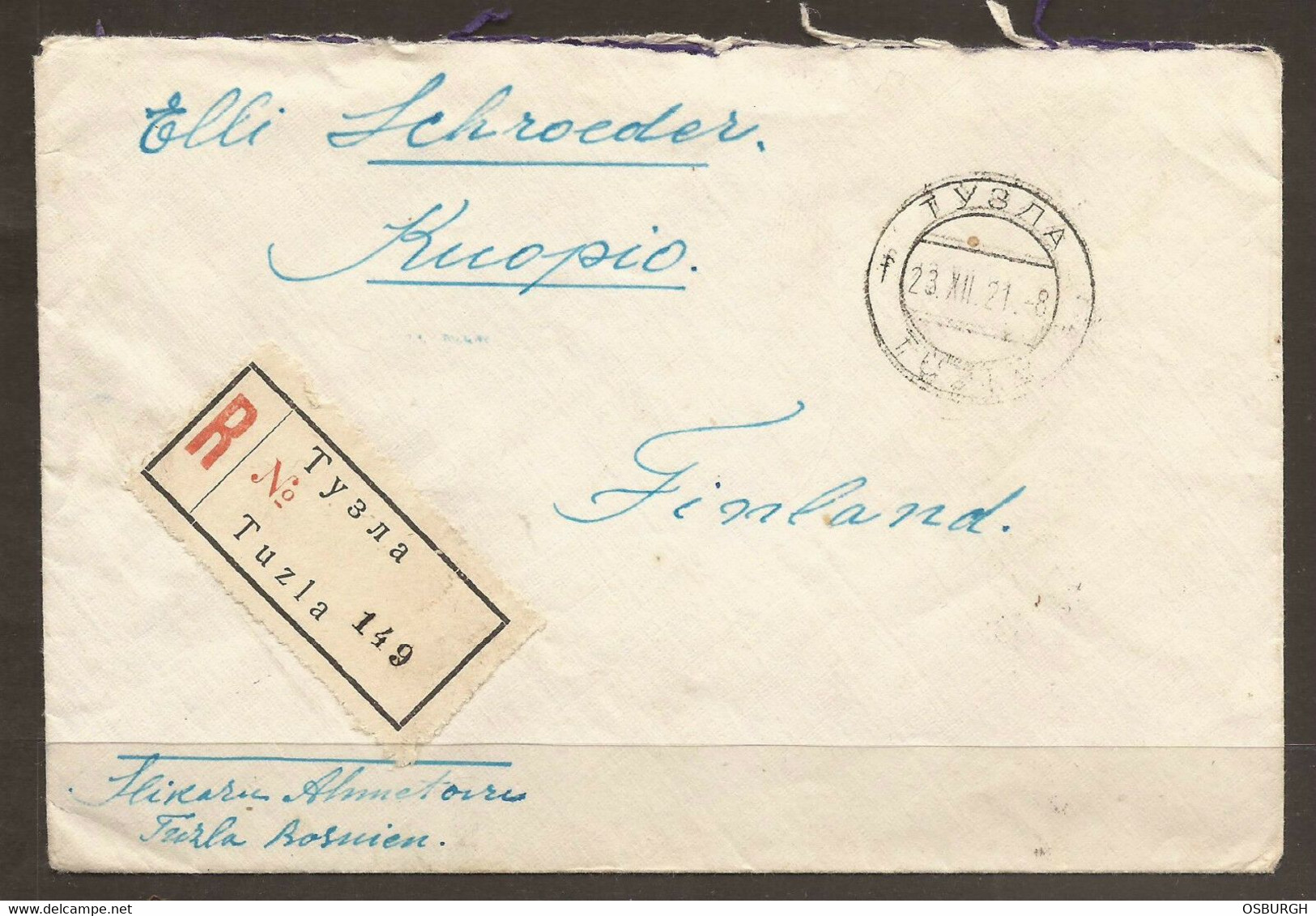 BOSNIA / YUGOSLAVIA. 1922. REGISTERED COVER TUZLA TO FINLAND. TUZLA CANCEL, HELSINGFORS TRANSIT AND KUOPIO ARRIVAL. STAM - Altri & Non Classificati