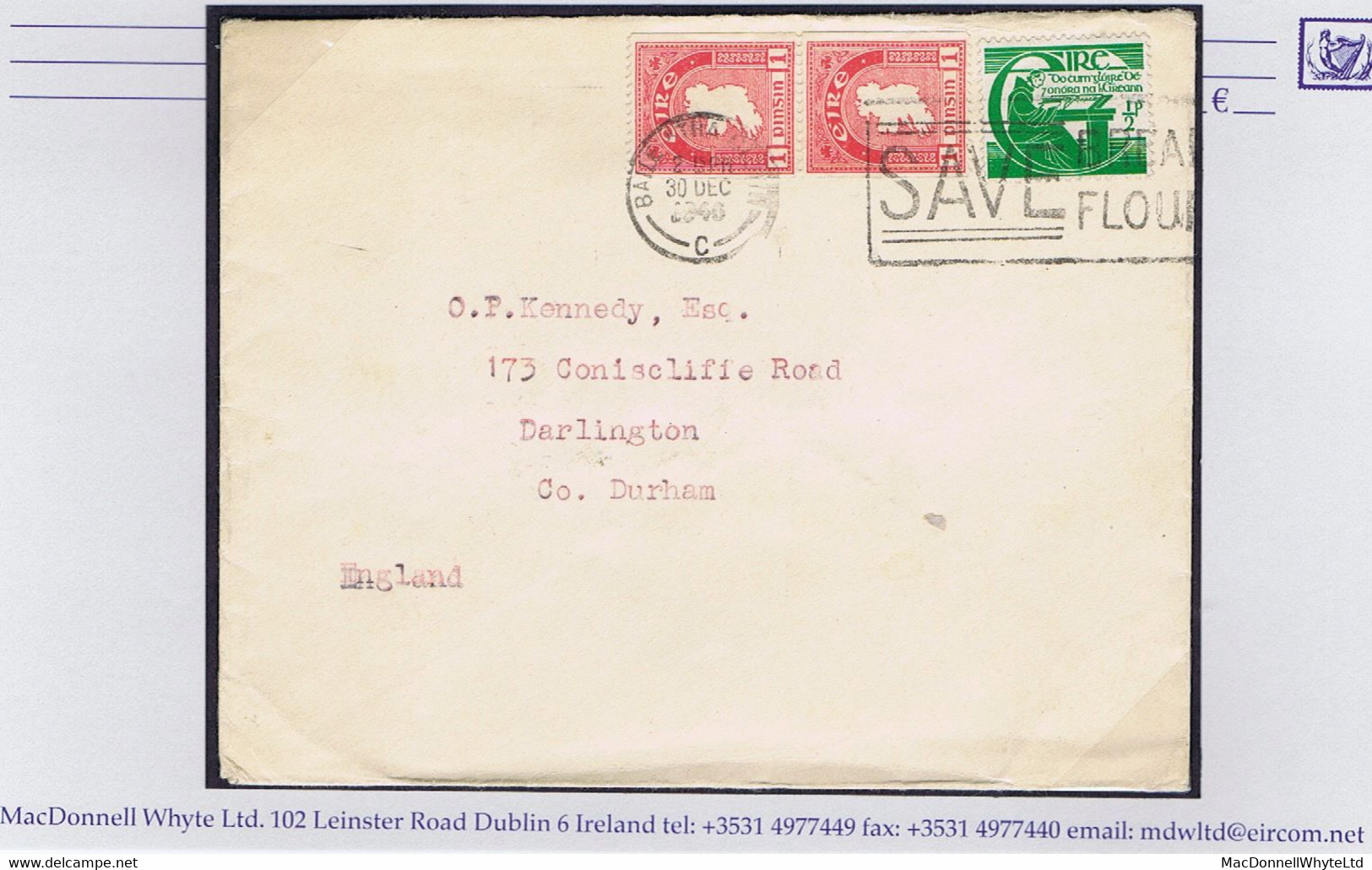 Ireland 1946 1d Perf. 15 X Imperf Experimental Coil, Vertical Pair With O'Clery ½d On Cover To England, Dublin Machine - Cartas & Documentos