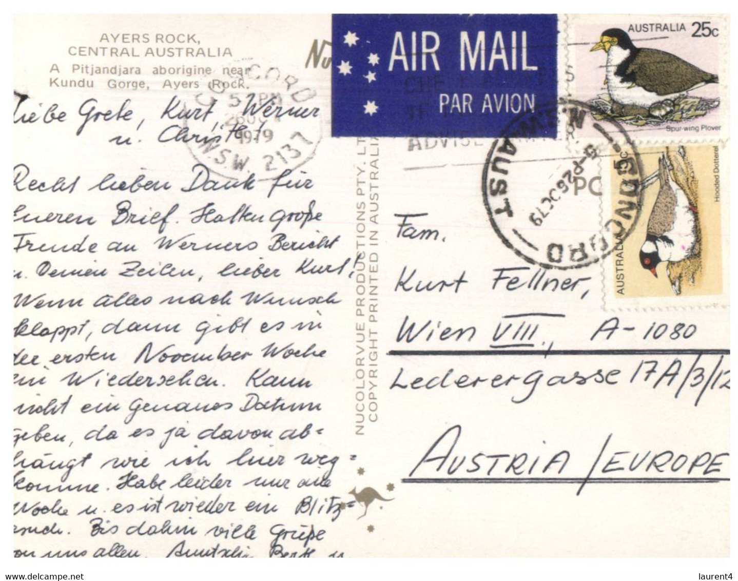 (NN 5) Australia - NT - Aboriginal Hunter Near Uluru (Ayers Rock) Posted With Bird Stamp - Aborigènes