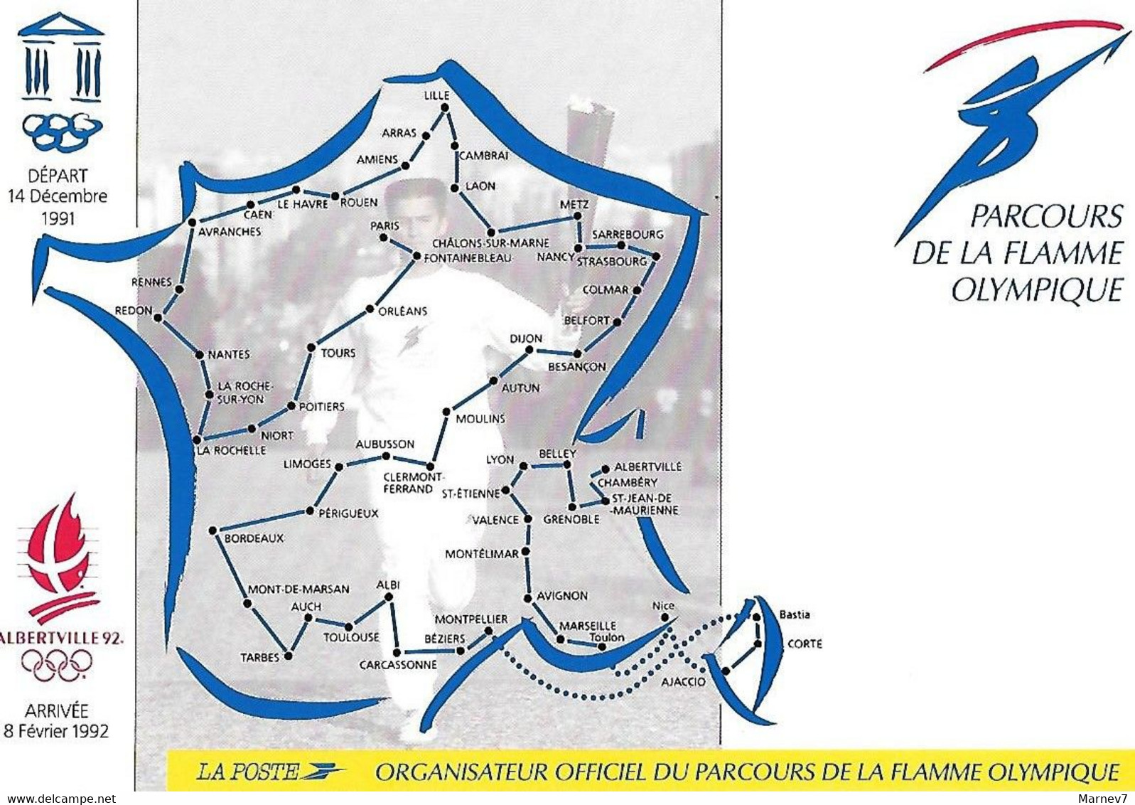 Parcours FLAMME OLYMPIQUE Albertville 92 - Carte De France - Départ 14 Décembre 1991 - Arrivée 8 Février 1992 - La Poste - Manifestazioni