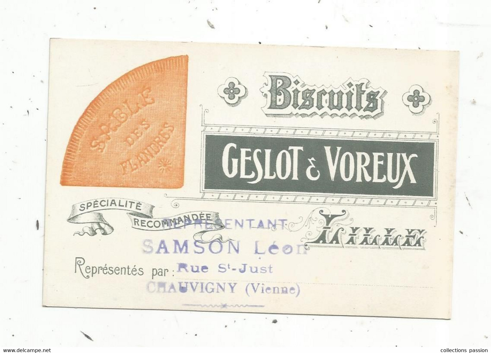 Carte De Visite ,biscuits GESLOT & VOREUX ,représentés Par SAMSON Léon ,CHAUVIGNY ,86 ,VIENNE - Tarjetas De Visita