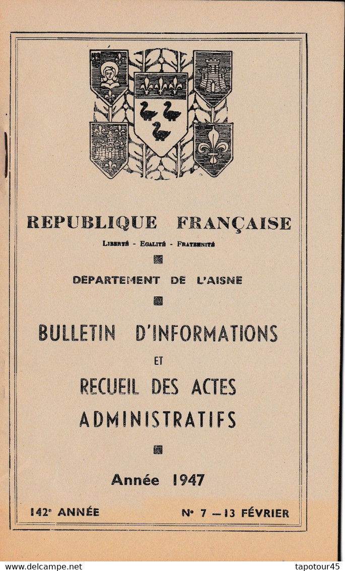 C O 1)  Petit Recueil Dénombrement De La Population De L' Aisne 1947 (40 Pgs Fmt A5) - Décrets & Lois